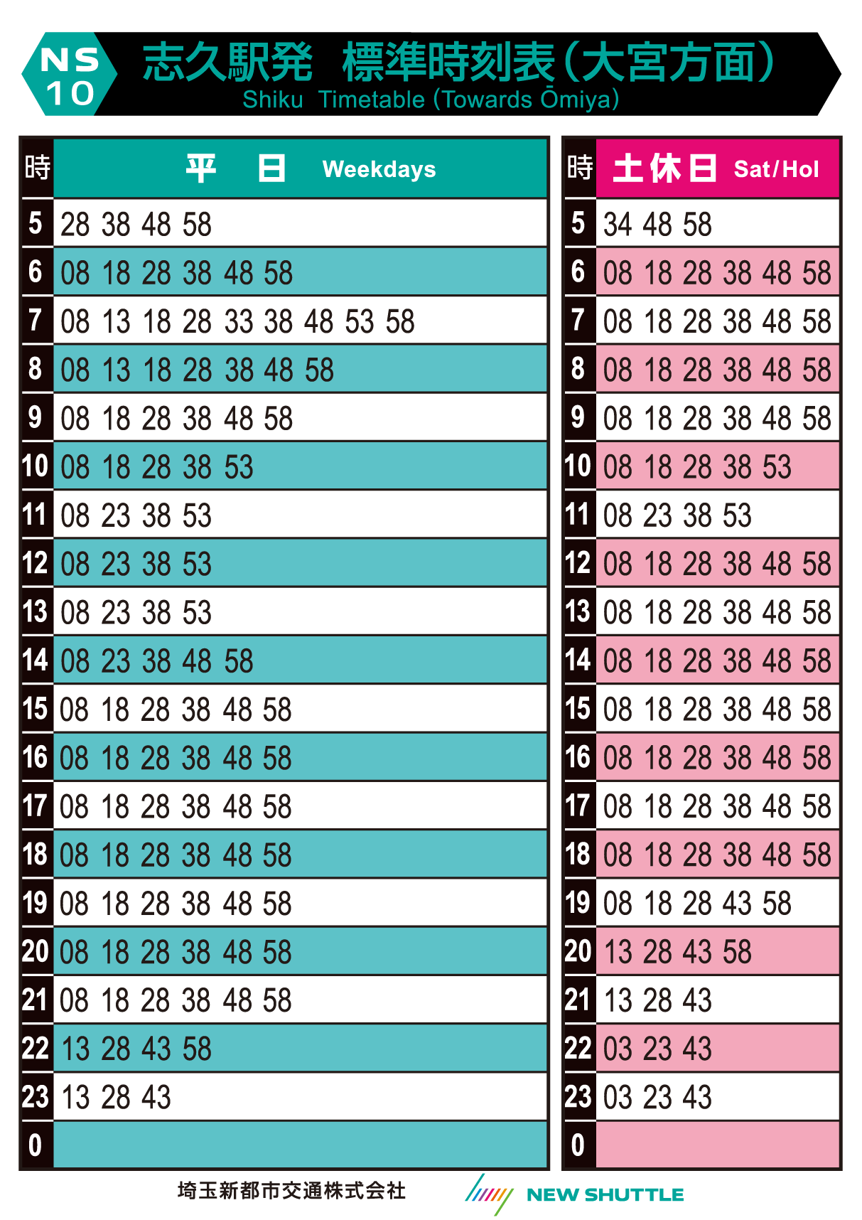 志久駅発 標準時刻表（大宮方面）
