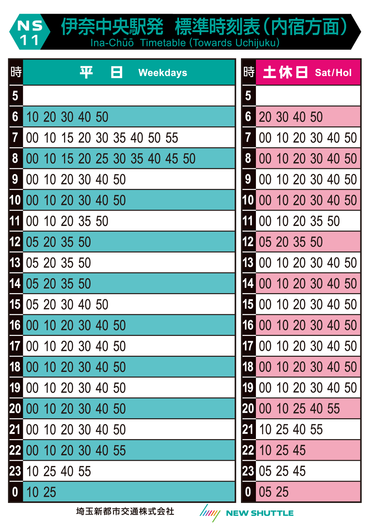 伊奈中央駅発 標準時刻表（内宿方面）
