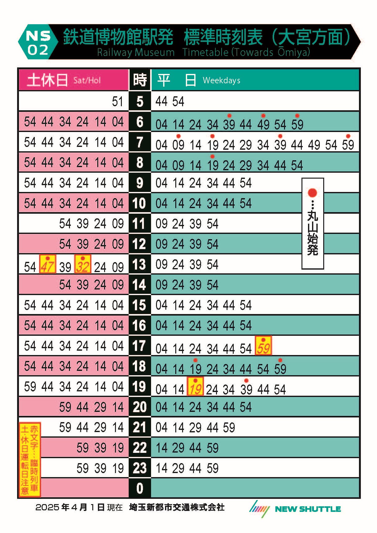 鉄道博物館駅発 標準時刻表（大宮方面）