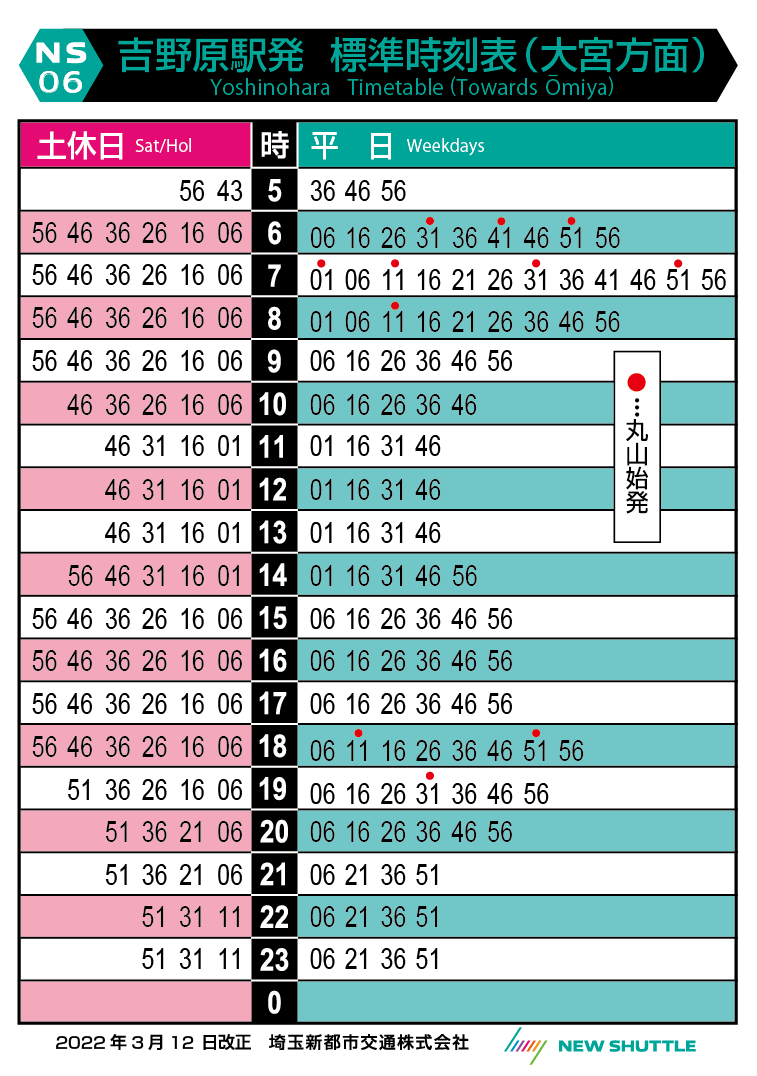 吉野原駅発 標準時刻表（大宮方面）