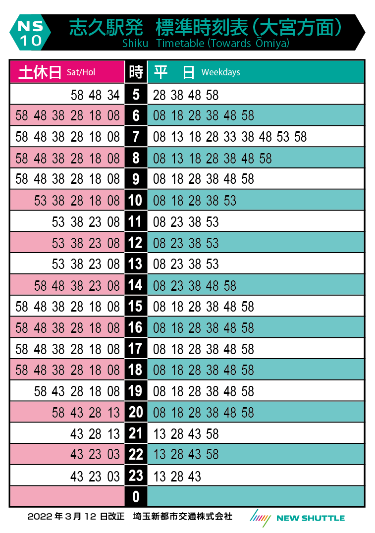 志久駅発 標準時刻表（大宮方面）