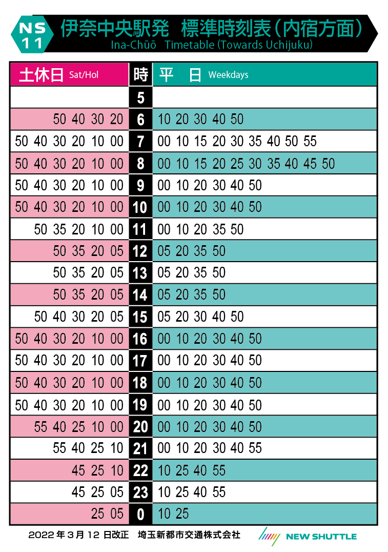 伊奈中央駅発 標準時刻表（内宿方面）