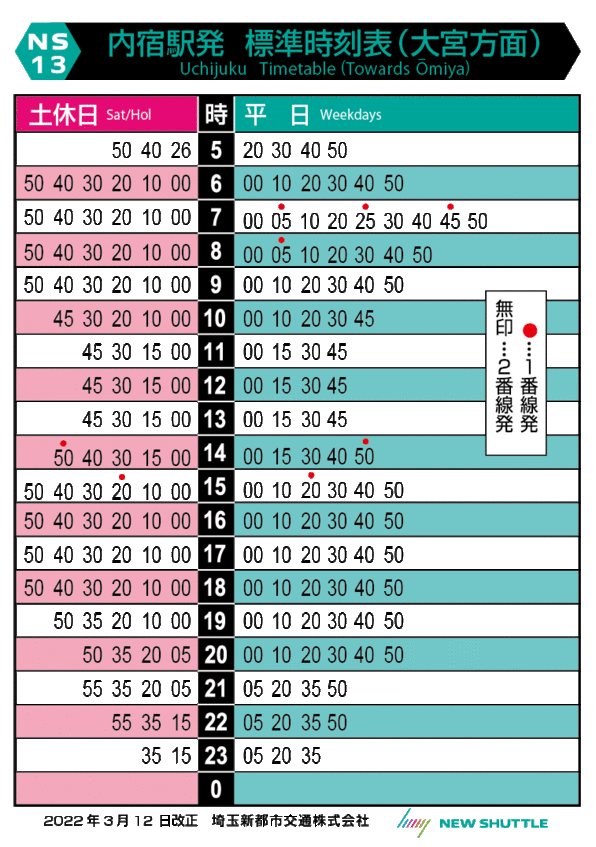 内宿駅発 標準時刻表（大宮方面）